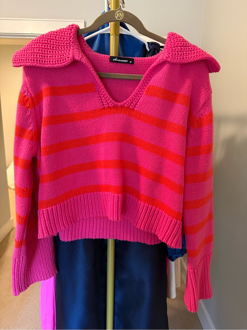 Olivaceous Bright Pink and Red Striped V-Neck Sweater with Collar
